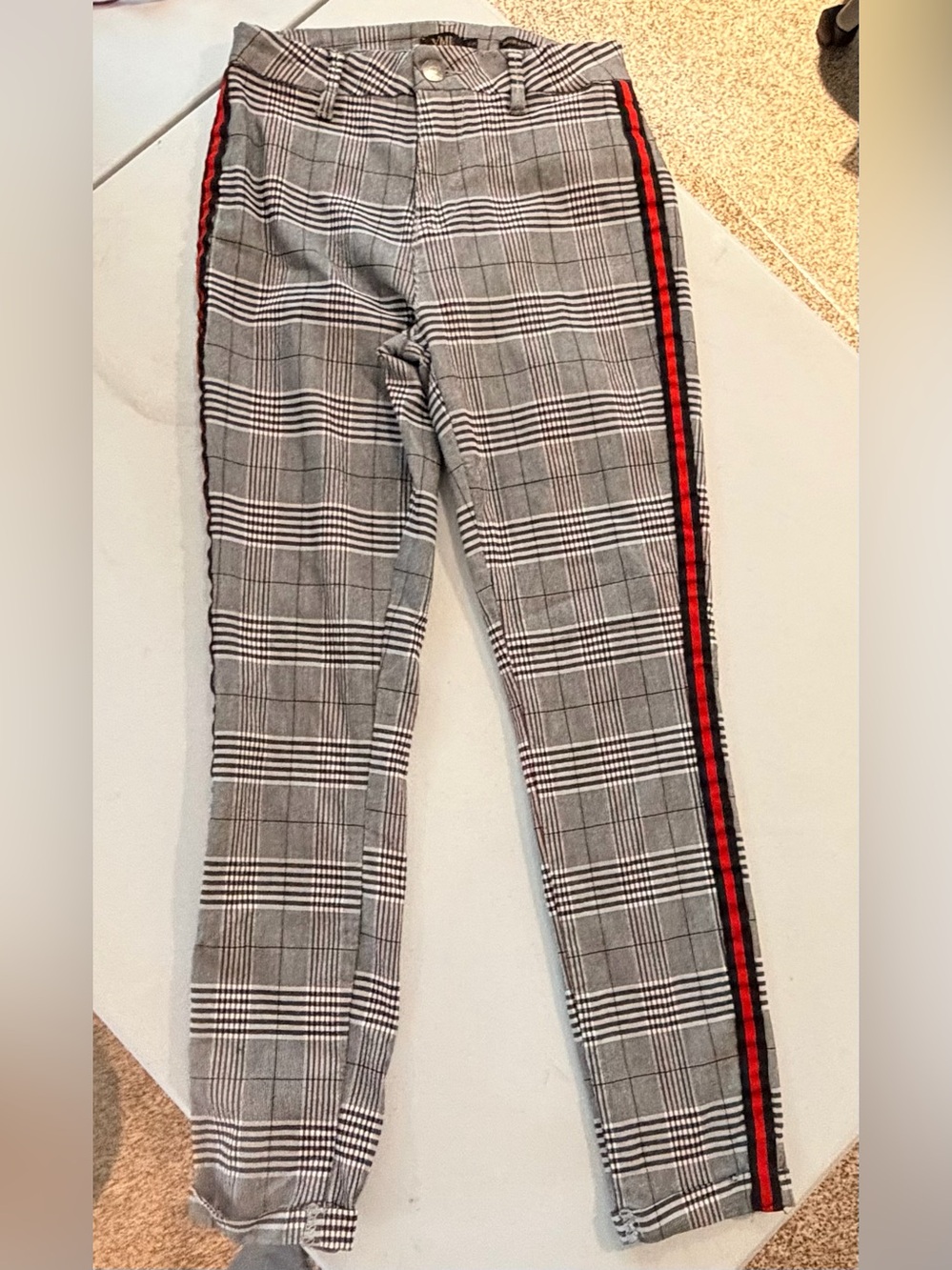 YMI High Rise Plaid Pants with Red & Black Side Stripe